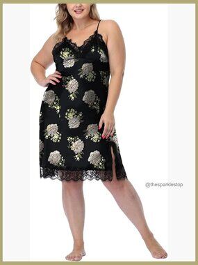 Faux Silk Lace Chemise Nightgown Plus Size Front Slit Sleepwear